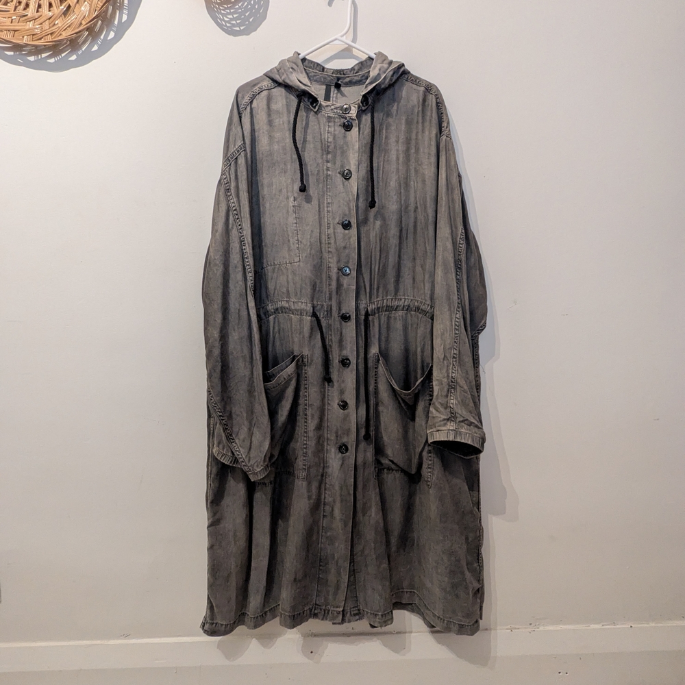Gray Hooded Button-Up Coat
